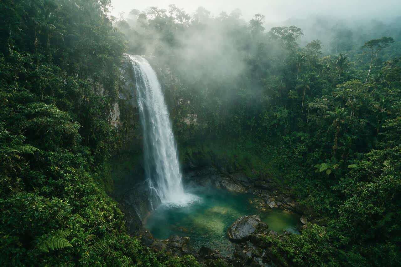 Una cascada alta cae entre la selva y la niebla