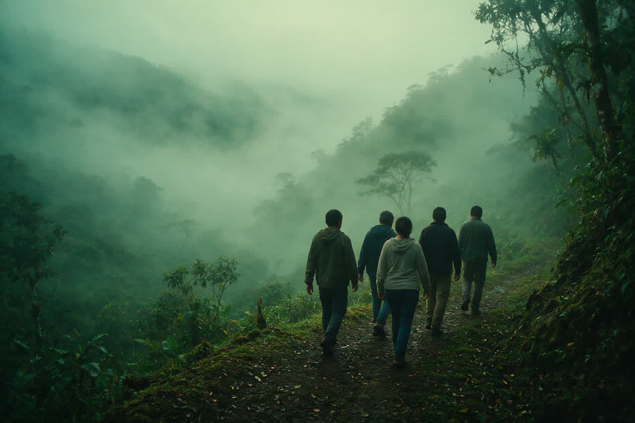 Un grupo pequeño camina por un sendero entre la niebla, de espaldas