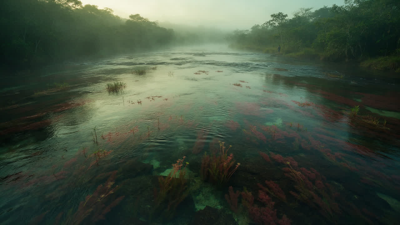 Caño Cristales con sus plantas rojas bajo el agua, entre niebla